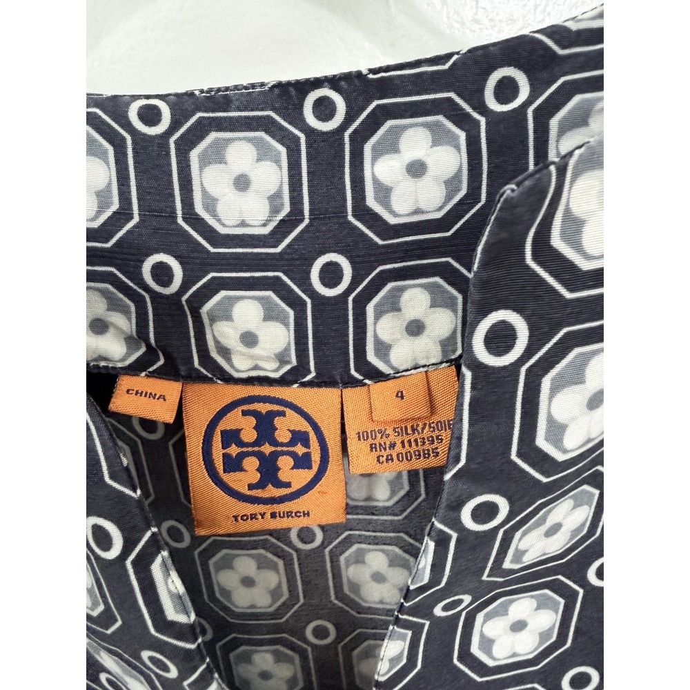 Tory Burch 100% Silk Gray White Geometric Tunic Dress Split Neck Women Shift 4 - Picture 4 of 14